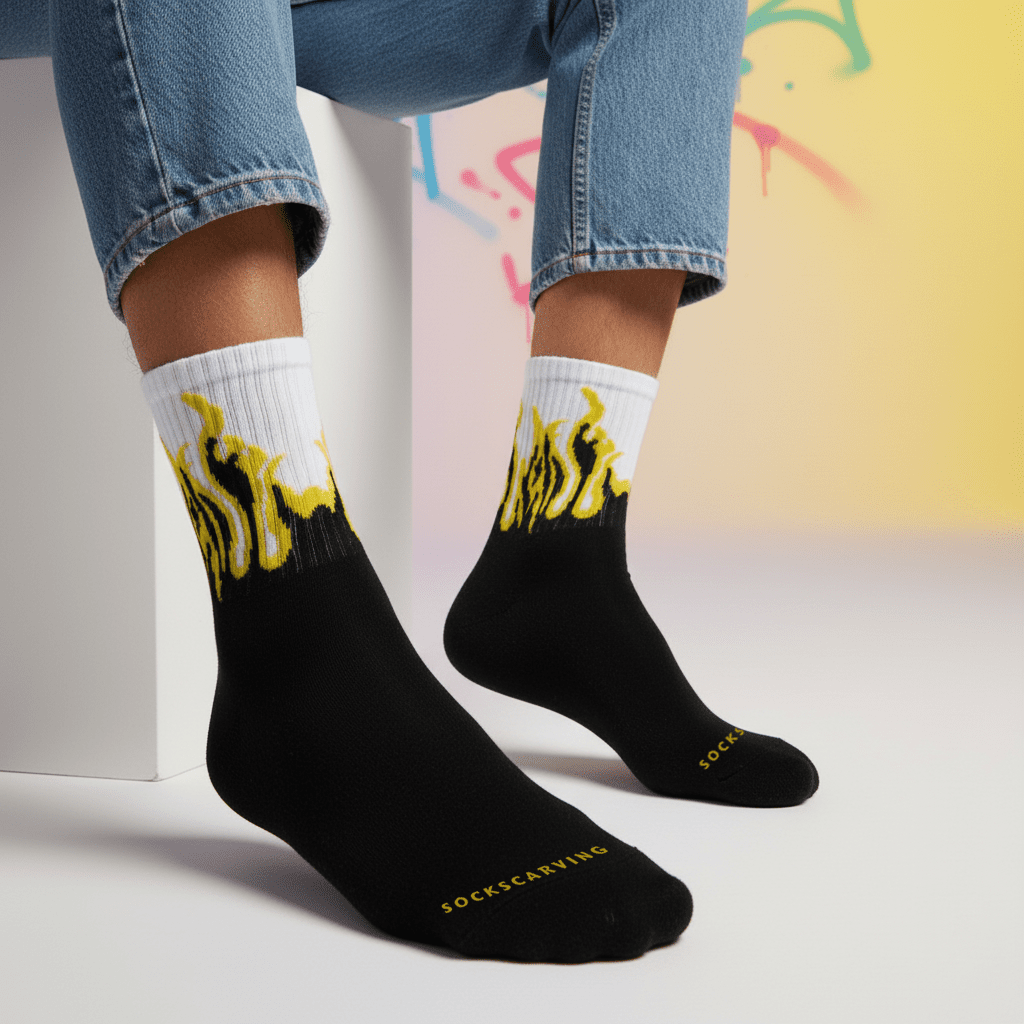 SOCKIVA Fire Socks - Black/White - Yellow Flames - image 1